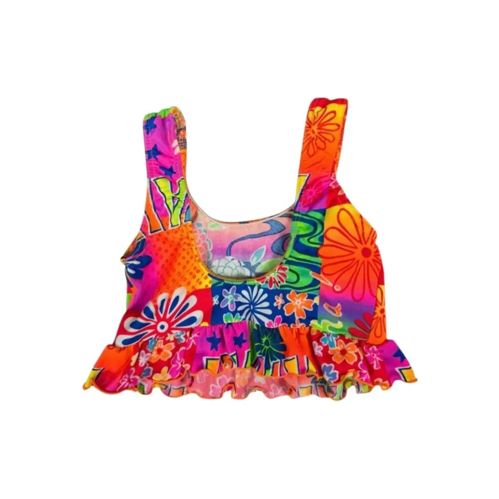 Girls Size 5 Neon Floral Ruffle Tankini Swimsuit Top